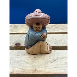 Antique Mexican Folk Art Siesta Man Terracotta Salt Shaker –Hand-Painted Pottery